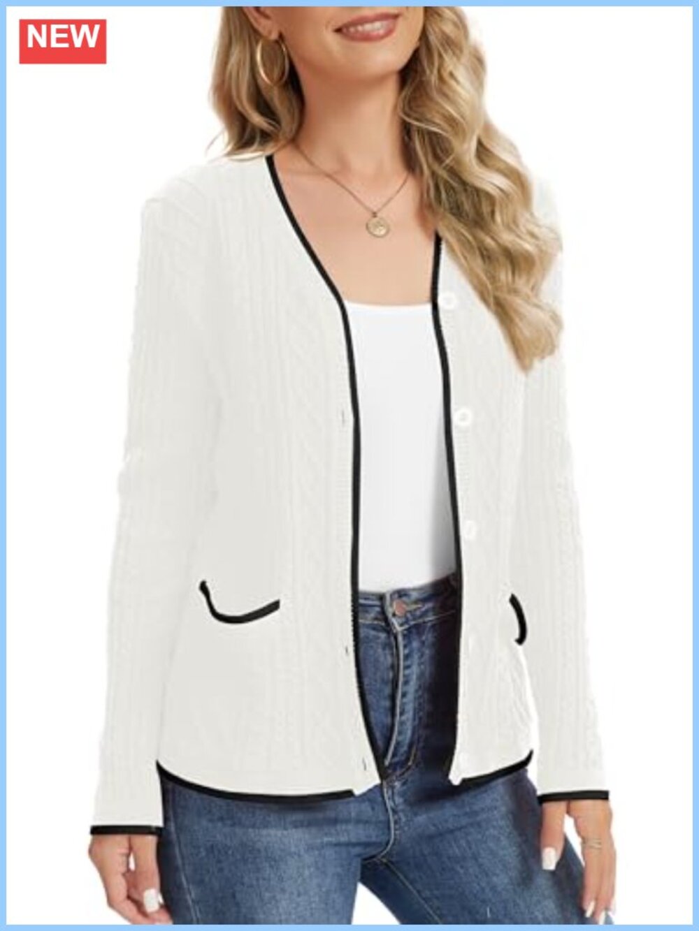 Women's V-Neck Button Down Cable Knit Cardigan Sweater with Pockets